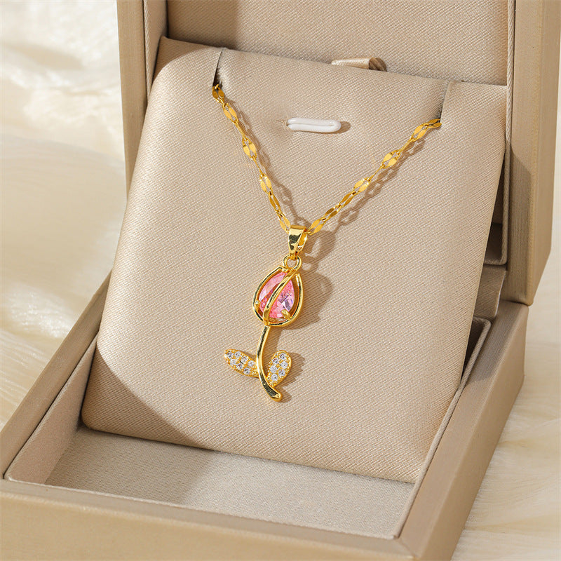 Collier Fleur - Tulipe Rose (Dorée & Rose)