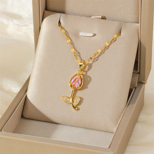 Collier Fleur - Tulipe Rose (Dorée & Rose)