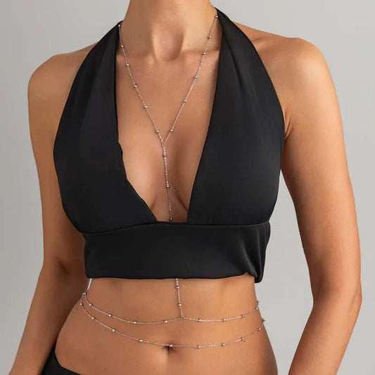 Chaîne de corps argentée à perles double rang pour femme